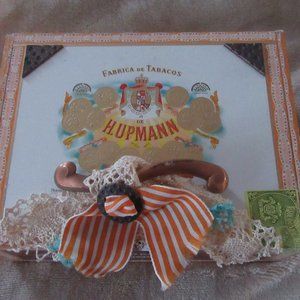 Authentic Hupman Cigar Box; Hand-Decorated w. Vintage Metal Handle 5x7 in.